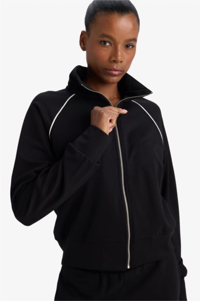 Standard Fit Stand Collar Fleece Lining Modal Zip Up Sweatshirt