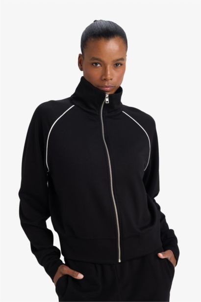 Standard Fit Stand Collar Fleece Lining Modal Zip Up Sweatshirt