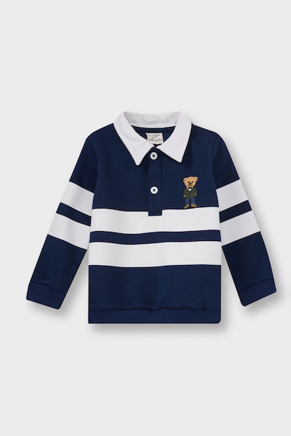Gömlek Yaka Ayı Baskılı Renk Bloklu İçi Yumuşak Tüylü Sweatshirt Erkek Bebek