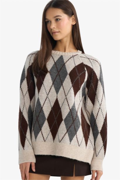 Oversize Geniş Kalıp Bisiklet Yaka Baklava Desenli Triko Kazak