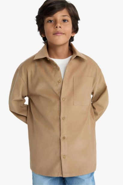 قميص بولو ولادي ردن طويل مخمل مضلع قصة عادية