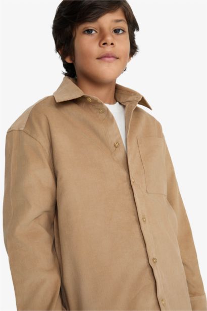 قميص بولو ولادي ردن طويل مخمل مضلع قصة عادية