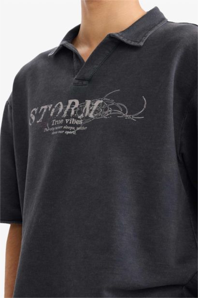 Loose Fit Polo Neck Printed Sweatshirt Fabric Polo Shirt