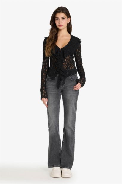 Blouse Slim en dentelle à manches longues et col V