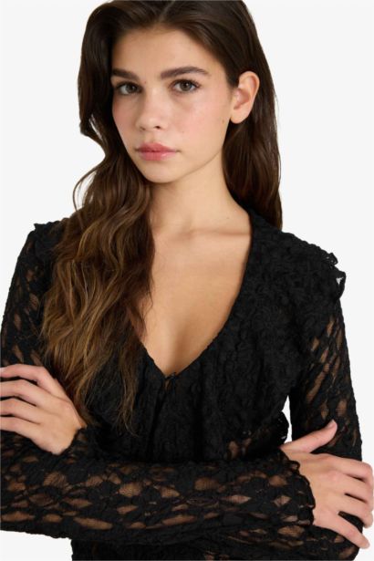 Blouse Slim en dentelle à manches longues et col V