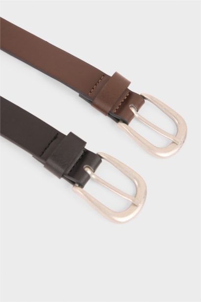 Erkek Oval Toka Suni Deri 2'li Klasik Kemer