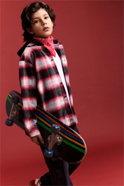 Boy Oversize Fit Hooded Plaid Flannel Shirt