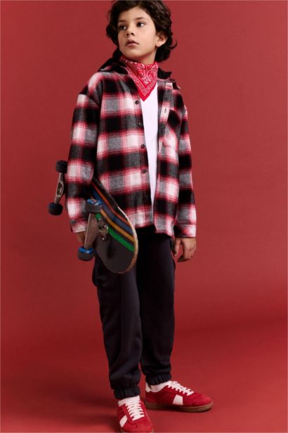 Boy Oversize Fit Hooded Plaid Flannel Shirt