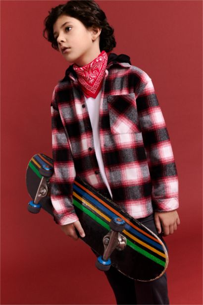 Boy Oversize Fit Hooded Plaid Flannel Shirt