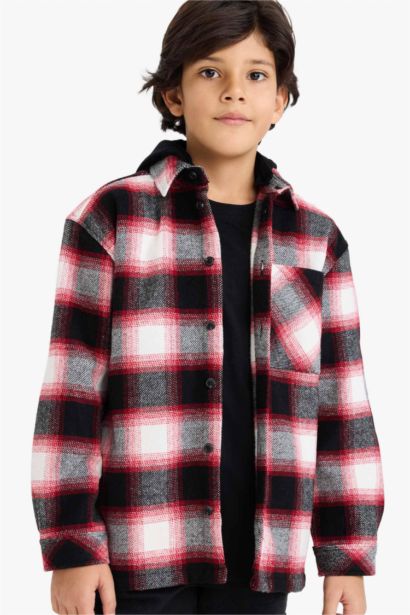 Boy Oversize Fit Hooded Plaid Flannel Shirt