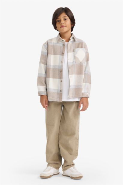 Overshirt Fit Polo Yaka Ekose Desenli Flanel Uzun Kollu Gömlek Erkek Çocuk