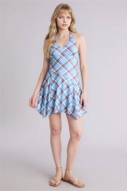 Платье с коротким рукавом мини с горловиной халтер в клетку Ажурная Coool