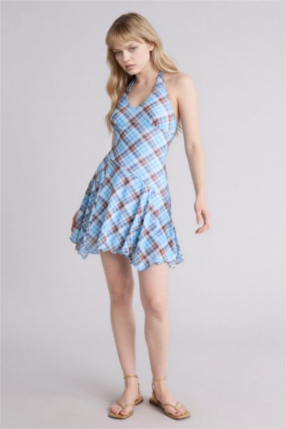 Платье с коротким рукавом мини с горловиной халтер в клетку Ажурная Coool
