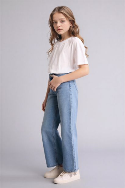 بنطلون جينز بناتي قصة مستقيمة برجل واسع