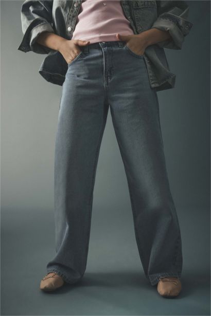 بنطرون جينز بناتي وايد ليج قصة مستقيمة واسعة