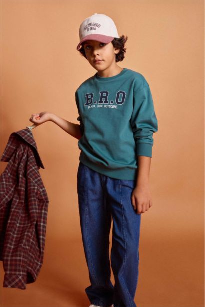 2'li Takım Baskılı Sweatshirt Jean Pantolon Erkek Çocuk