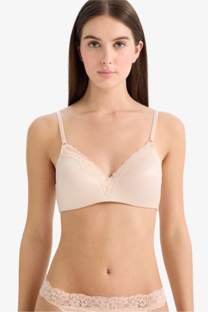 Lace Detailed Satin Padded Non Wired T-Shirt Bra