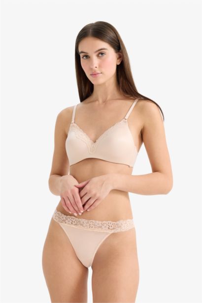 Lace Detailed Satin Padded Non Wired T-Shirt Bra