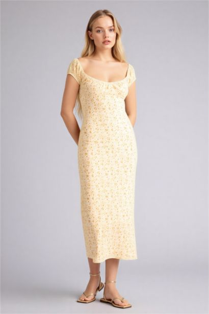 فستان نص كم طويل فلورال القماش المنسوج بوديكون بحمالات