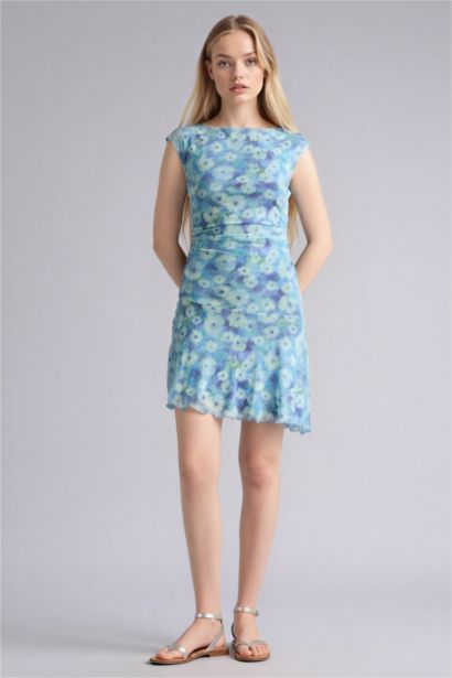 Платье с коротким рукавом мини с круглым вырезом с цветочным принтом Ажурная