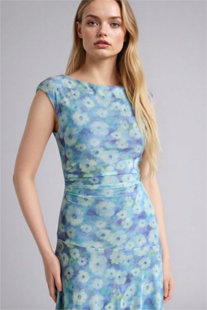 Платье с коротким рукавом мини с круглым вырезом с цветочным принтом Ажурная