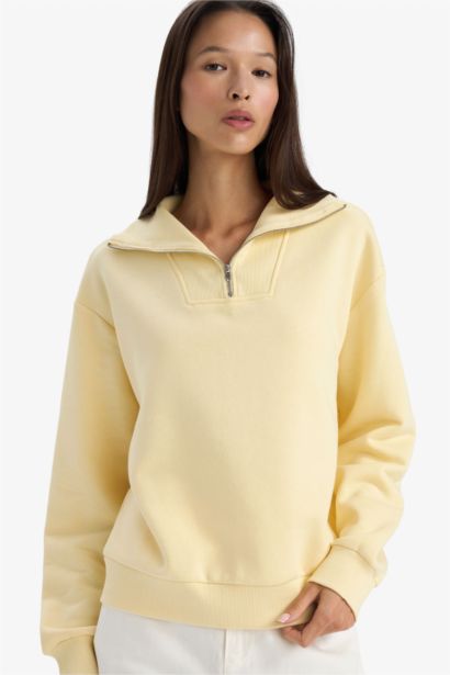 Regular Fit Yarım Fermuarlı Balıkçı Yaka Basic Düz Sweatshirt