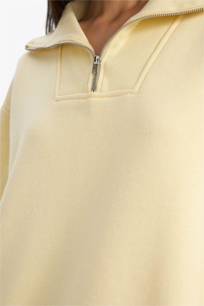 Regular Fit Yarım Fermuarlı Balıkçı Yaka Basic Düz Sweatshirt