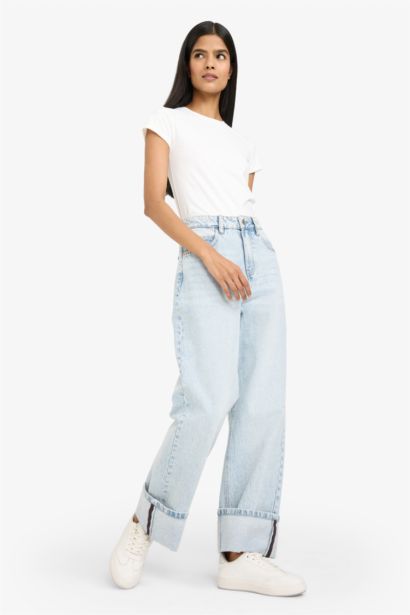 Relax Fit жоғары белді тік балақ ұзын қармен жуылған джинс шалбар