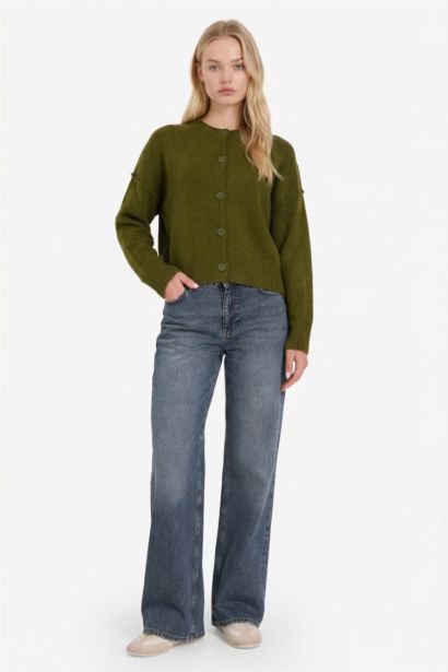 كارديجان تريكو صوف قصة عادية برقبة مستديرة