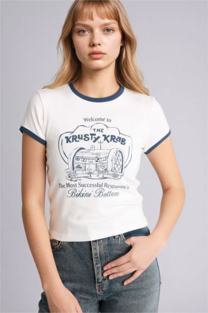 Футболка SpongeBob Fitted в рубчик с круглым вырезом принтом и коротким рукавом