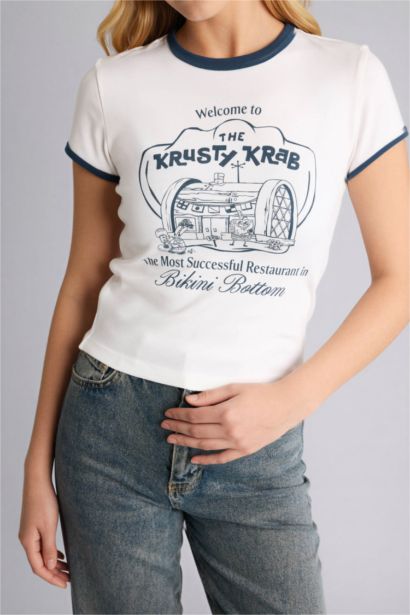 Футболка SpongeBob Fitted в рубчик с круглым вырезом принтом и коротким рукавом