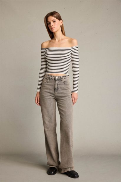 Omuz Açık Çizgili Uzun Kollu Bluz