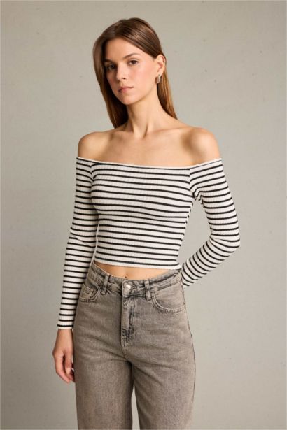Omuz Açık Çizgili Uzun Kollu Bluz