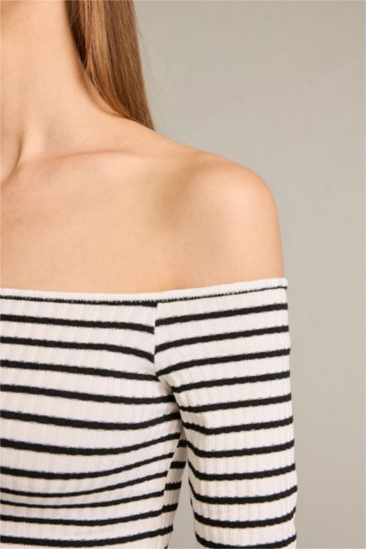 Omuz Açık Çizgili Uzun Kollu Bluz