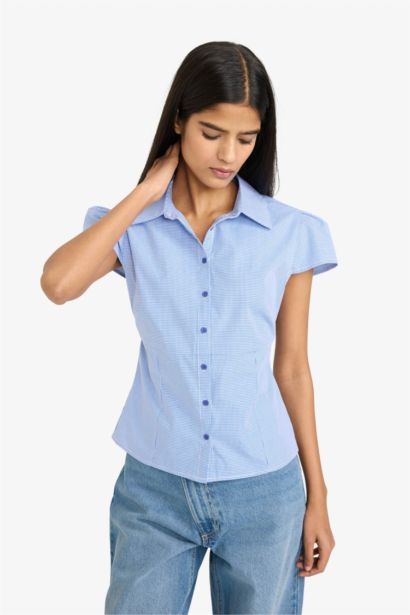 Slim Fit Shirt Collar Plaid Short Sleeve Shirt