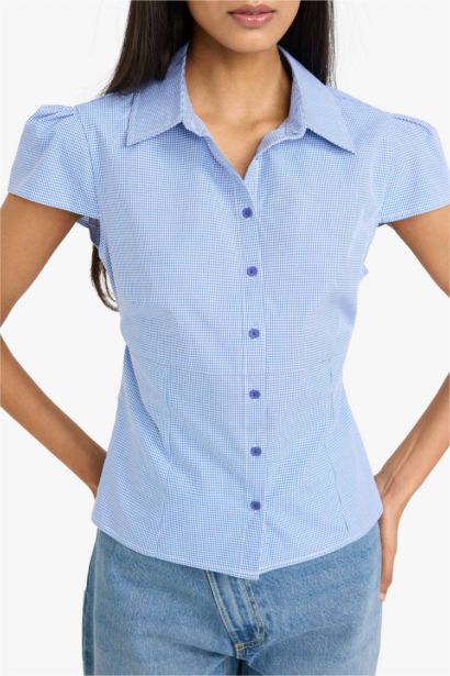 Slim Fit Shirt Collar Plaid Short Sleeve Shirt