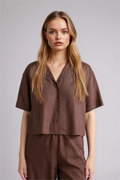 Oversize пижама жағалы зығыр аралас қысқа жеңді жейде