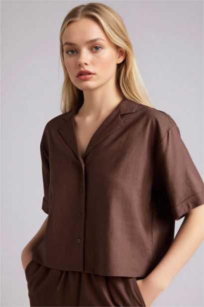 Oversize пижама жағалы зығыр аралас қысқа жеңді жейде