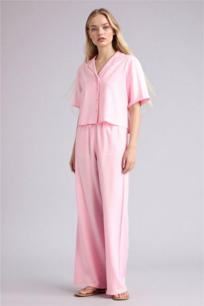 Рубашка оверсайз из смесового льна с пижамным воротником и коротким рукавом