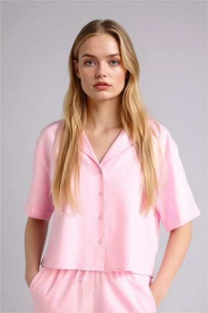 Рубашка оверсайз из смесового льна с пижамным воротником и коротким рукавом