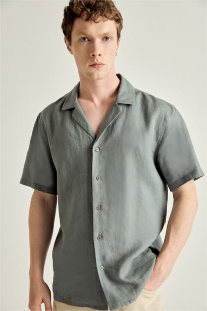 Regular Fıt Polo Yaka Keten Kısa Kollu Gömlek