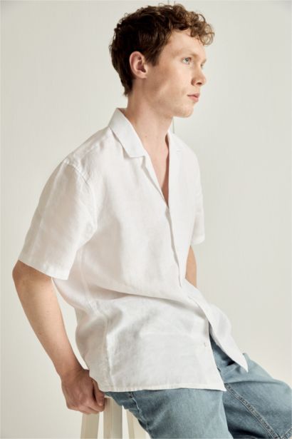 Льняная рубашка Regular Fit с воротником поло и коротким рукавом