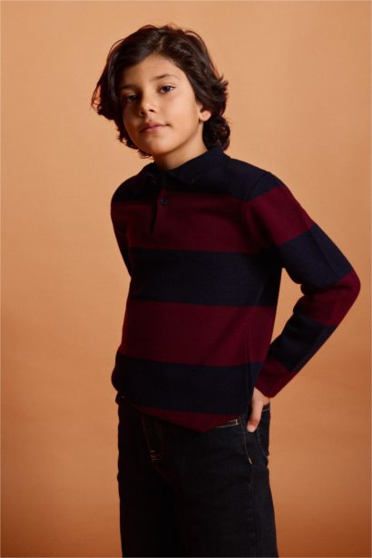 Boy Polo Neck Color Block Knit Pullover