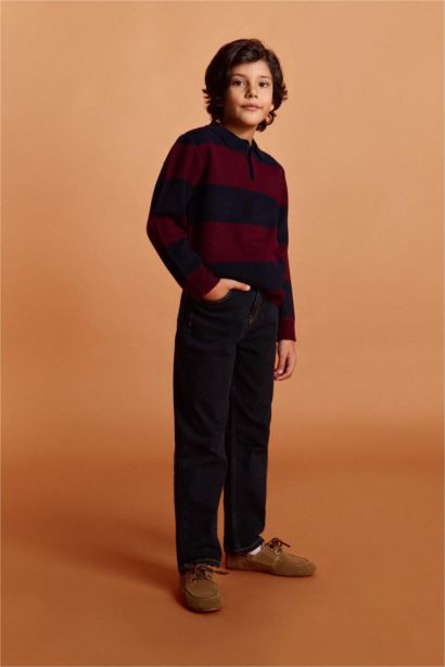 Boy Polo Neck Color Block Knit Pullover