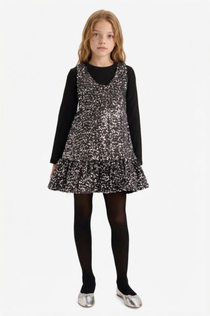 Yılbaşı Temalı 2'li Takım Uzun Kollu Tişört Payetli Kolsuz Elbise Kız Çocuk