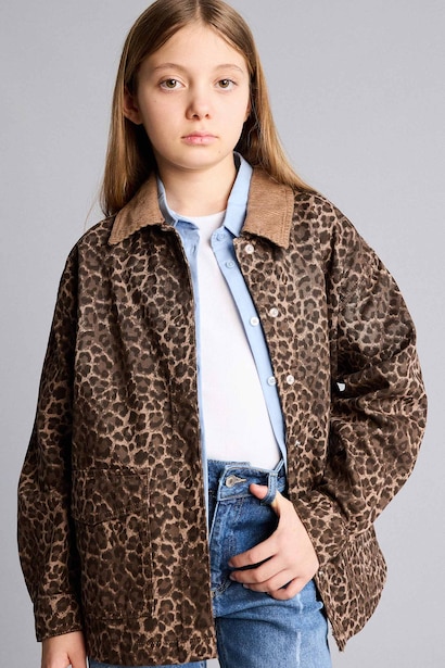 %100 Pamuk Flare Fit Leopar Desenli Gabardin Uzun Kollu Gömlek Kız Çocuk