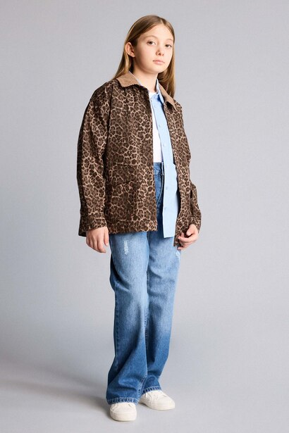 %100 Pamuk Flare Fit Leopar Desenli Gabardin Uzun Kollu Gömlek Kız Çocuk