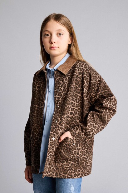 %100 Pamuk Flare Fit Leopar Desenli Gabardin Uzun Kollu Gömlek Kız Çocuk