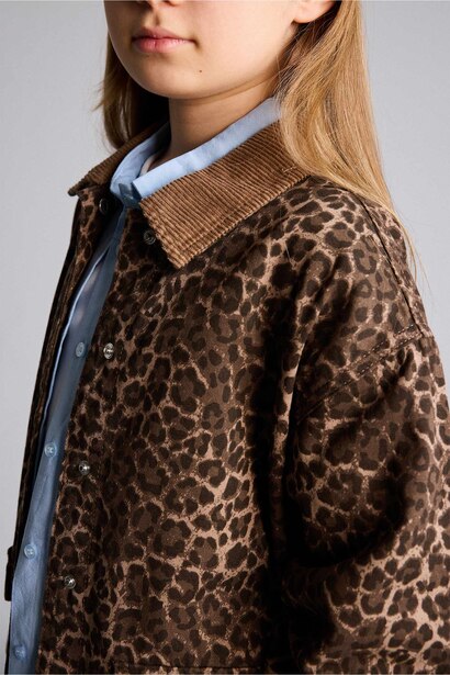 %100 Pamuk Flare Fit Leopar Desenli Gabardin Uzun Kollu Gömlek Kız Çocuk