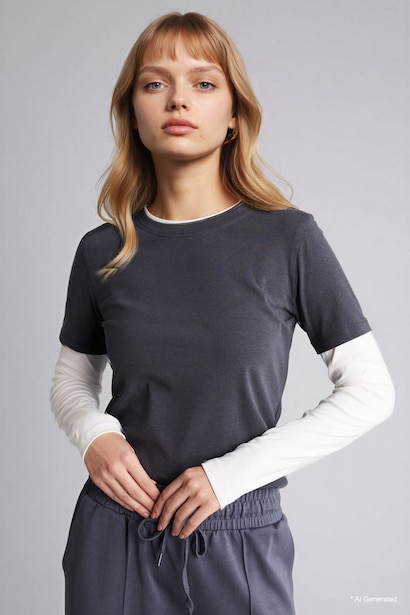 Loose Fit Crew Neck Ribana Long Sleeve T-Shirt